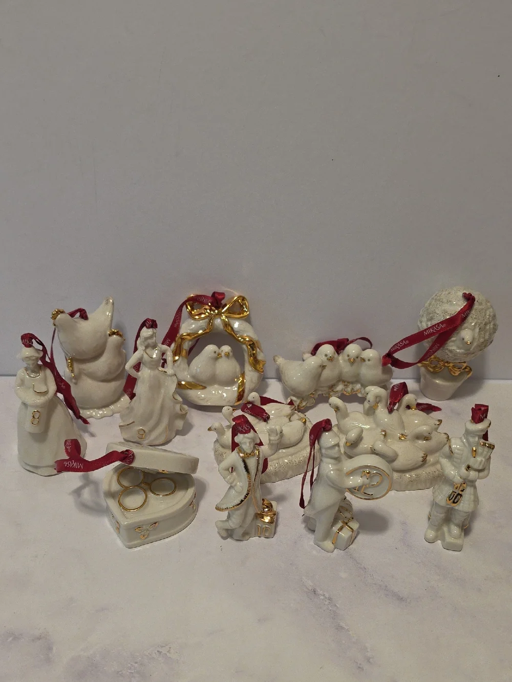 Mikasa Porcelain Holiday Figurine Ornament Set - White with Gold Accents